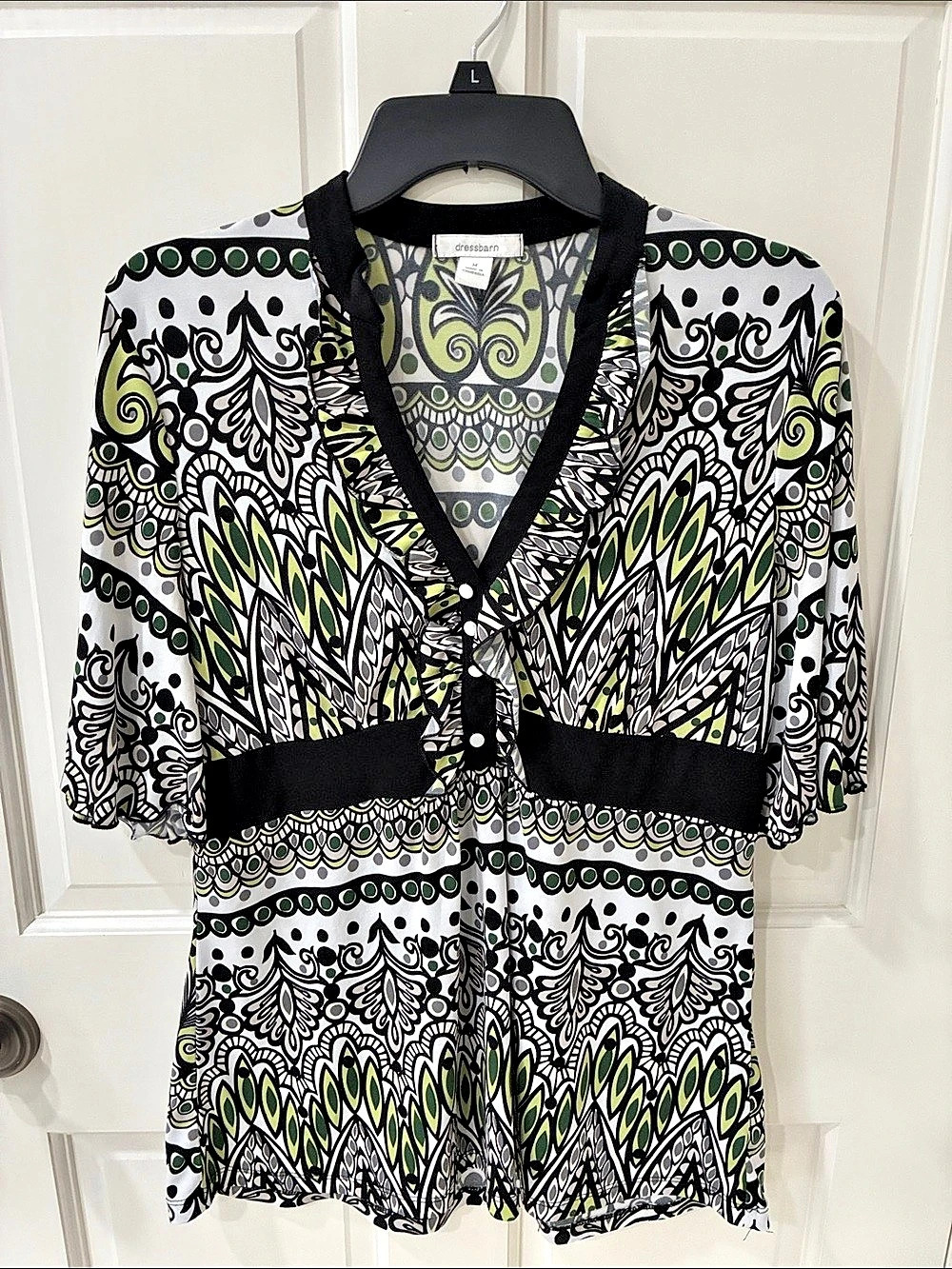 dressbarn Printed V-Neck Blouse in Green & Black Size Medium